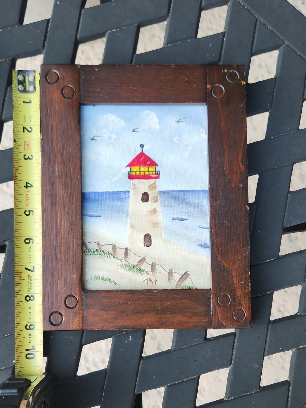 Vintage Wood Framed Lighthouse Painting On Canvas 7x9
